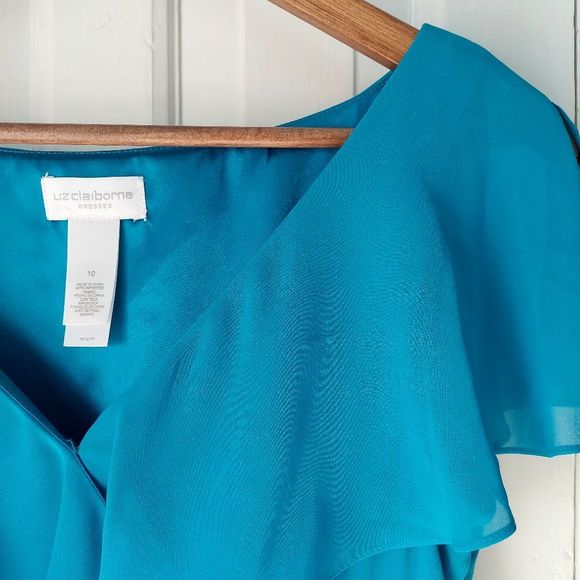 Liz Claiborne Teal Ruffled Midi Bridesmaid Wedding Prom Cocktail Dress Sz 10 - Picture 4 of 10